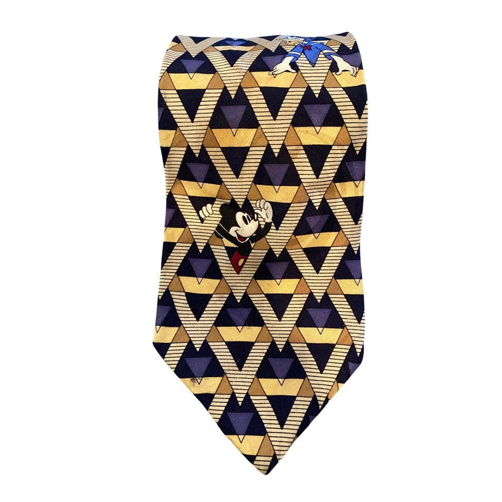 Vintage Disney Mickey Mouse Donald Goofy Geometric Silk‎ Mens Tie EUC